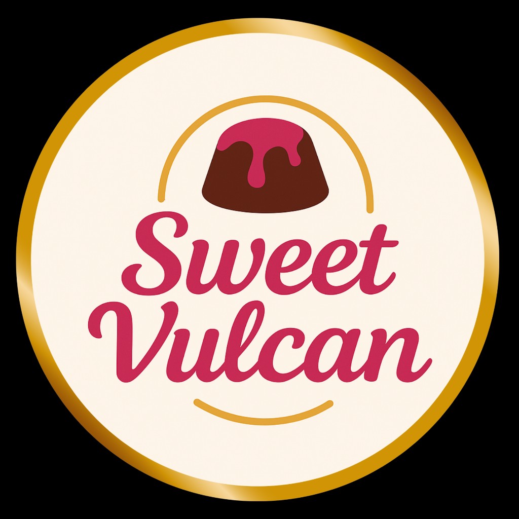 Doceria Gourmet — logotipo com bolo e calda rosa em moldura dourada
